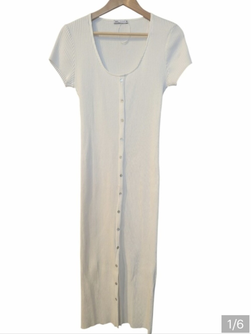 ZARA Stretch Ribbed Knit Button Front Maxi Dress Large White